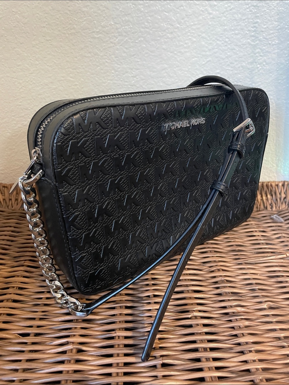 EUC Michael Kors Black Embossed MK Chain Strap camera bag Crossbody
